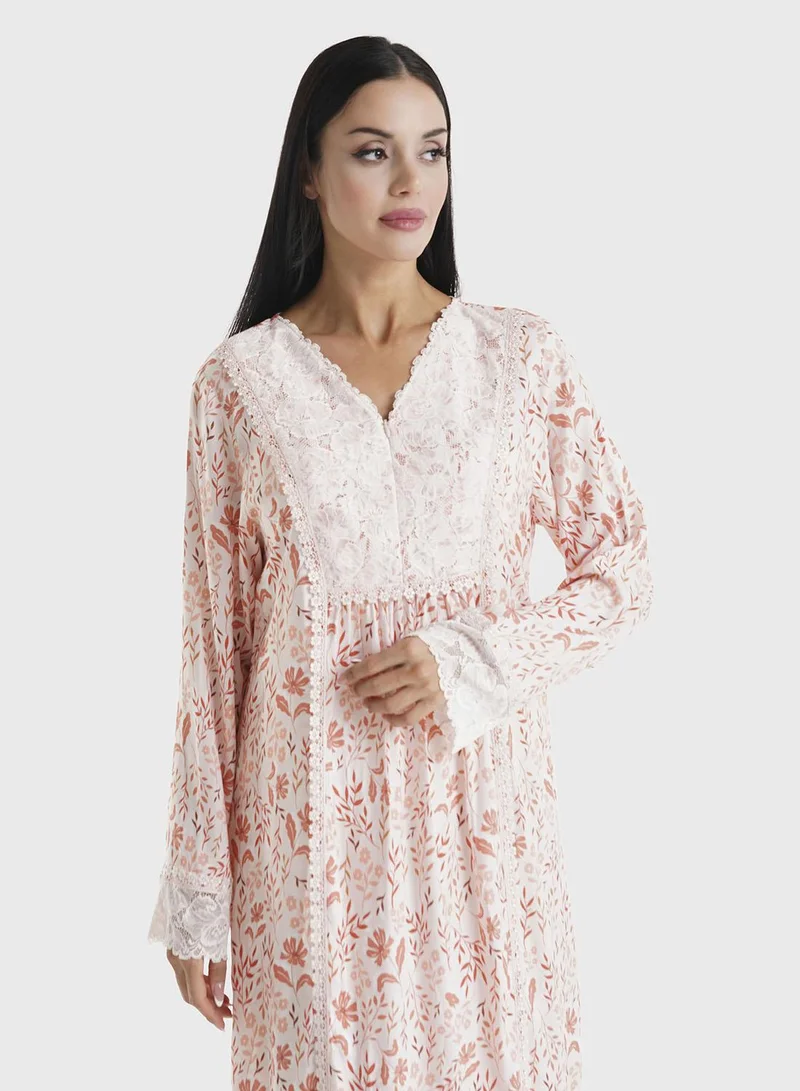 KASHKHA Baby Pink Floral Printed Rayon Lace Work Nightwear (REM3108)