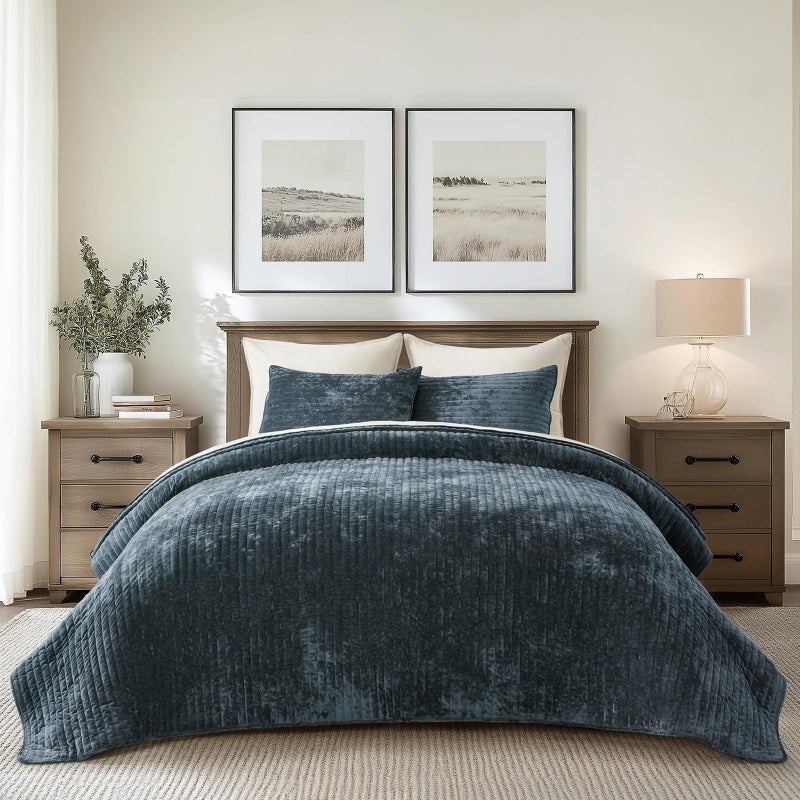 EVERGRACE Velvet Quilt Set Queen Size, Luxurious Soft Striped Channel Bedding Set, Lightweight Velvet Comforter for All Season, Oversized Bedspread Coverlet with 2 Matching Shams, Stormy Blue - Image 1