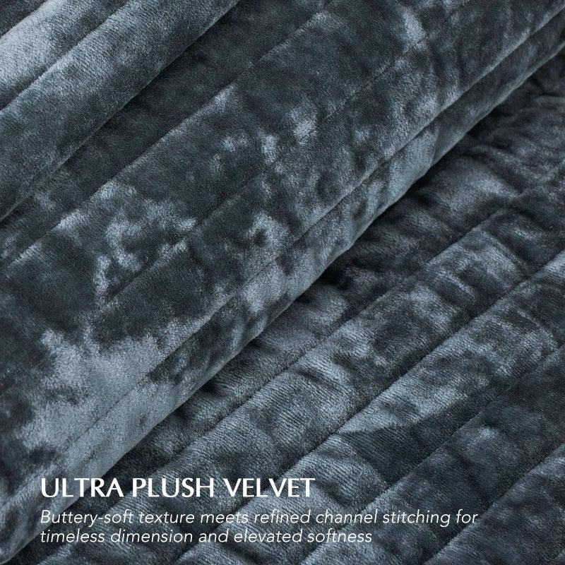 EVERGRACE Velvet Quilt Set Queen Size, Luxurious Soft Striped Channel Bedding Set, Lightweight Velvet Comforter for All Season, Oversized Bedspread Coverlet with 2 Matching Shams, Stormy Blue - Image 5