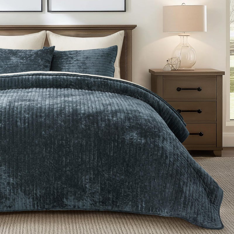 EVERGRACE Velvet Quilt Set Queen Size, Luxurious Soft Striped Channel Bedding Set, Lightweight Velvet Comforter for All Season, Oversized Bedspread Coverlet with 2 Matching Shams, Stormy Blue - Image 2