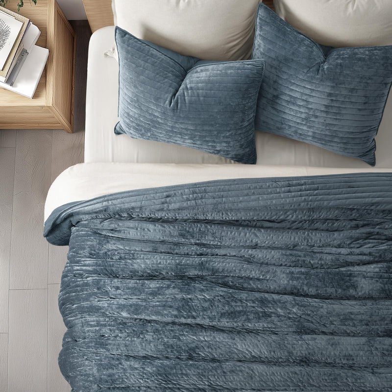 EVERGRACE Velvet Quilt Set Queen Size, Luxurious Soft Striped Channel Bedding Set, Lightweight Velvet Comforter for All Season, Oversized Bedspread Coverlet with 2 Matching Shams, Stormy Blue - Image 3