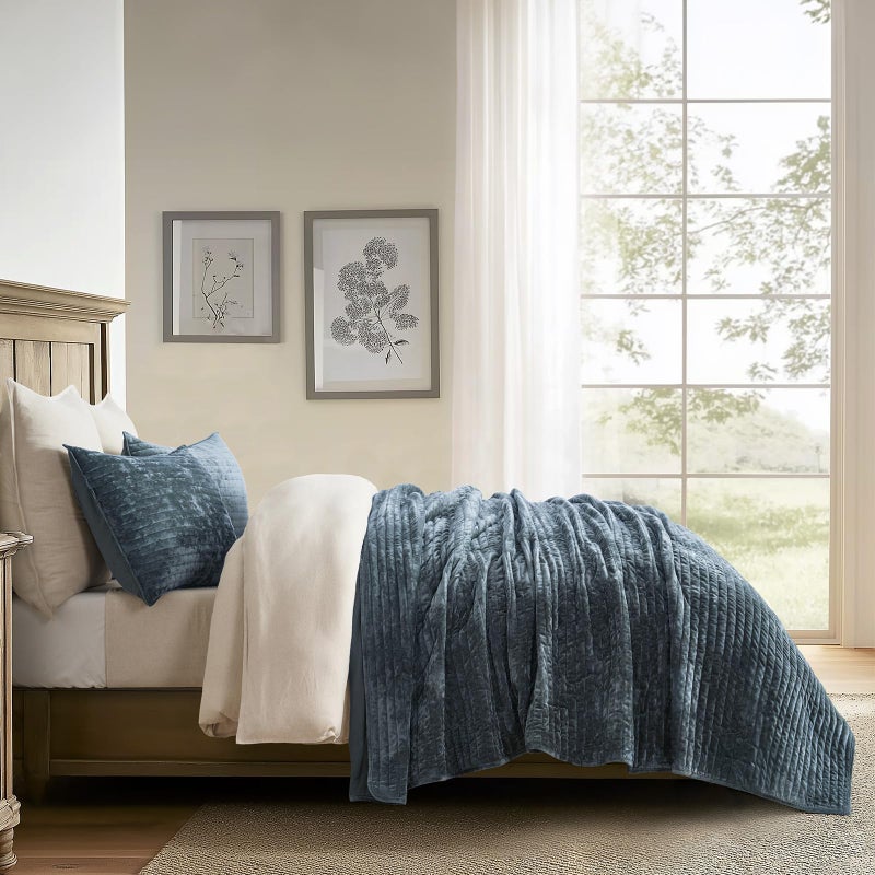 EVERGRACE Velvet Quilt Set Queen Size, Luxurious Soft Striped Channel Bedding Set, Lightweight Velvet Comforter for All Season, Oversized Bedspread Coverlet with 2 Matching Shams, Stormy Blue - Image 4