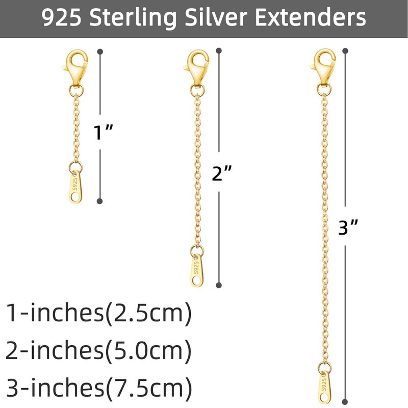 VANBARIS Necklace Extenders Gold Chain Extenders for Necklaces Extensions Sterling Silver Bracelet Extender Gold Necklace Extenders for Women 3 Piece Set, 1 2 3 Inch - Image 3