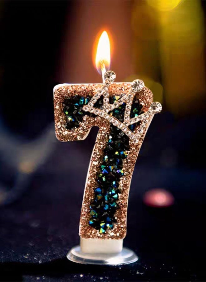 Ssovi Royal Crown Number [7] Birthday Candle, 3D Glitter Black & Gold Rhinestone Cake Topper with Holder, Smokeless Single Metallic Decoration for Party & Anniversary - 1 Piece - Image 1