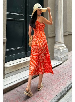 For You Moda Strappy Double Breasted Patterned Long Orange Dress  - Image 3