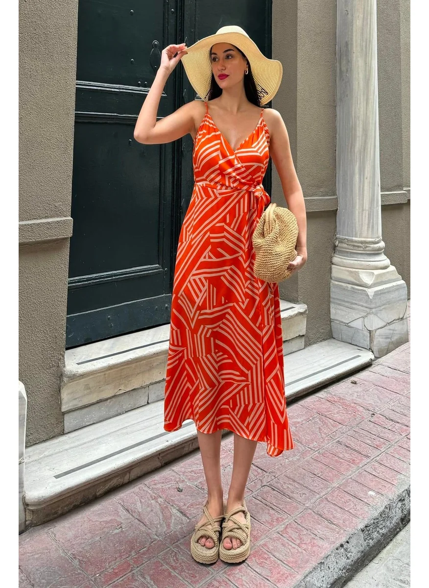 For You Moda Strappy Double Breasted Patterned Long Orange Dress