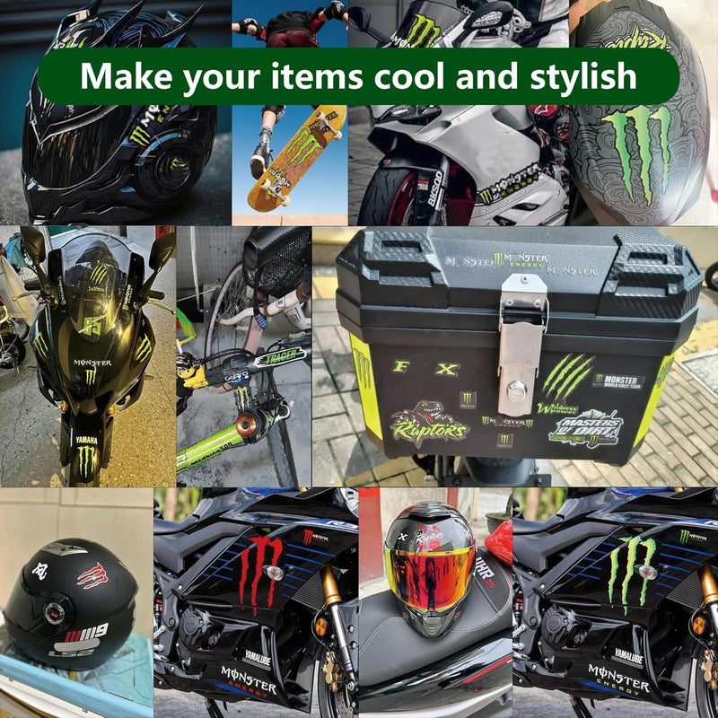 POKITA X 4 PCS Reflective Monster Energy Sticker Combo Pack (Red & Green) - High-Visibility Waterproof Motorcycle Helmet Decals for Bike, Skateboard, Scratch Resistant DIY Bike & Quad Stickers - Image 5