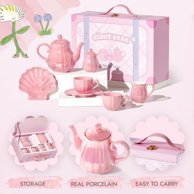 Giant bean Porcelain Tea Set, Pearl Pink Real Tea Party Set for Little Girls, British Royal Princess Series Teapot & Cup & Saucer & Sugar Bowl & Suitcase, for Little Kids Toddlers - Image 3