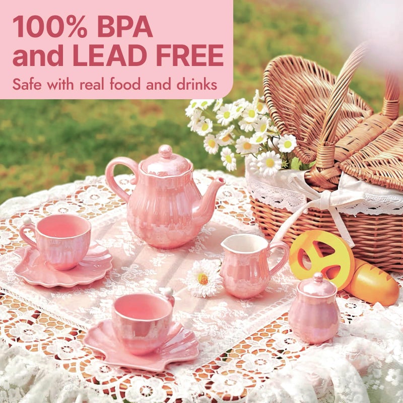 Giant bean Porcelain Tea Set, Pearl Pink Real Tea Party Set for Little Girls, British Royal Princess Series Teapot & Cup & Saucer & Sugar Bowl & Suitcase, for Little Kids Toddlers - Image 2