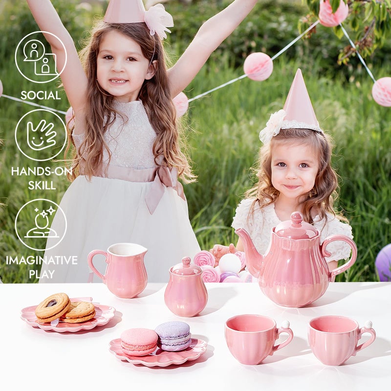 Giant bean Porcelain Tea Set, Pearl Pink Real Tea Party Set for Little Girls, British Royal Princess Series Teapot & Cup & Saucer & Sugar Bowl & Suitcase, for Little Kids Toddlers - Image 5