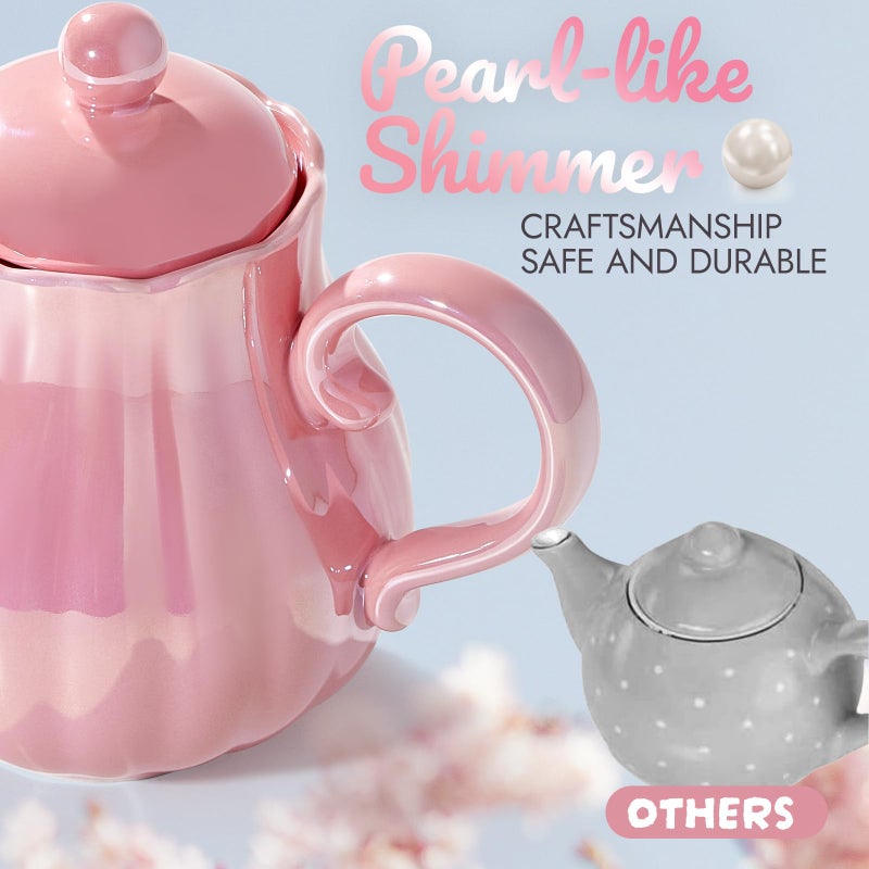 Giant bean Porcelain Tea Set, Pearl Pink Real Tea Party Set for Little Girls, British Royal Princess Series Teapot & Cup & Saucer & Sugar Bowl & Suitcase, for Little Kids Toddlers - Image 4