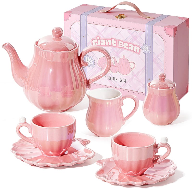 Giant bean Porcelain Tea Set, Pearl Pink Real Tea Party Set for Little Girls, British Royal Princess Series Teapot & Cup & Saucer & Sugar Bowl & Suitcase, for Little Kids Toddlers - Image 1