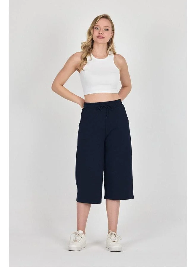 mmetalic High-Waist Pocketed Relaxed-Fit Seasonal Women's Knee-Length Bermuda Navy Capri Shorts