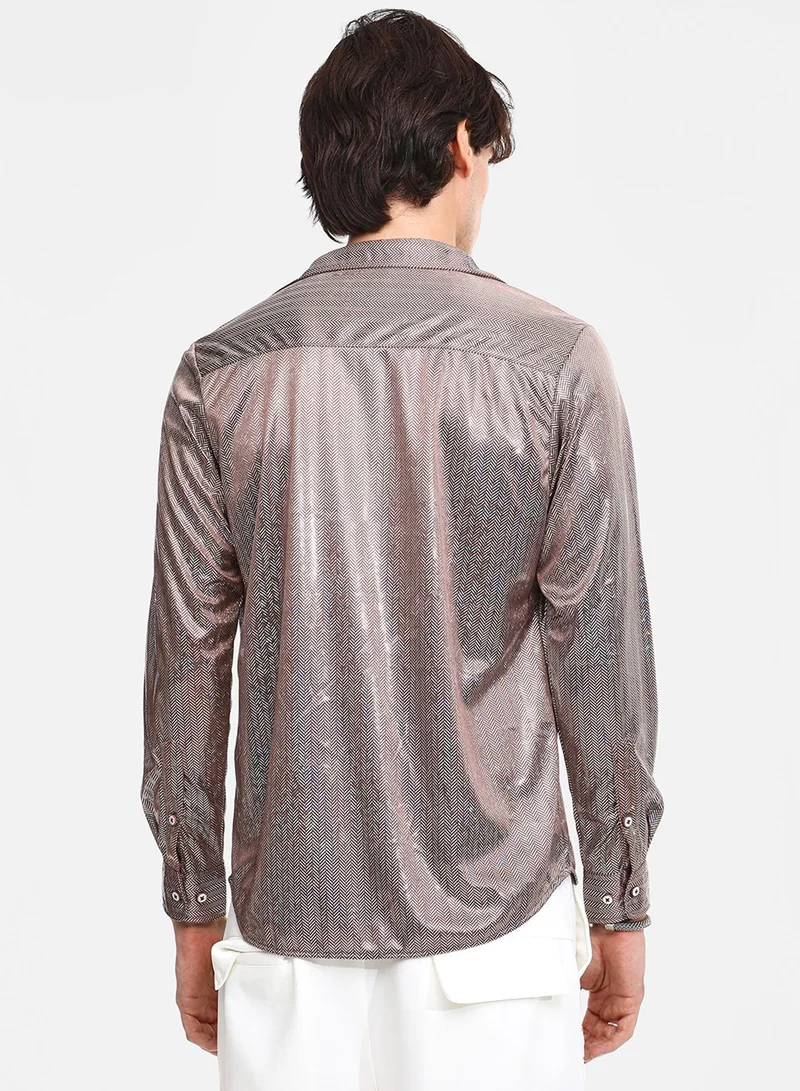 كامبوس سوترا Men's Metallic Brown Sheen Chevron Shirt