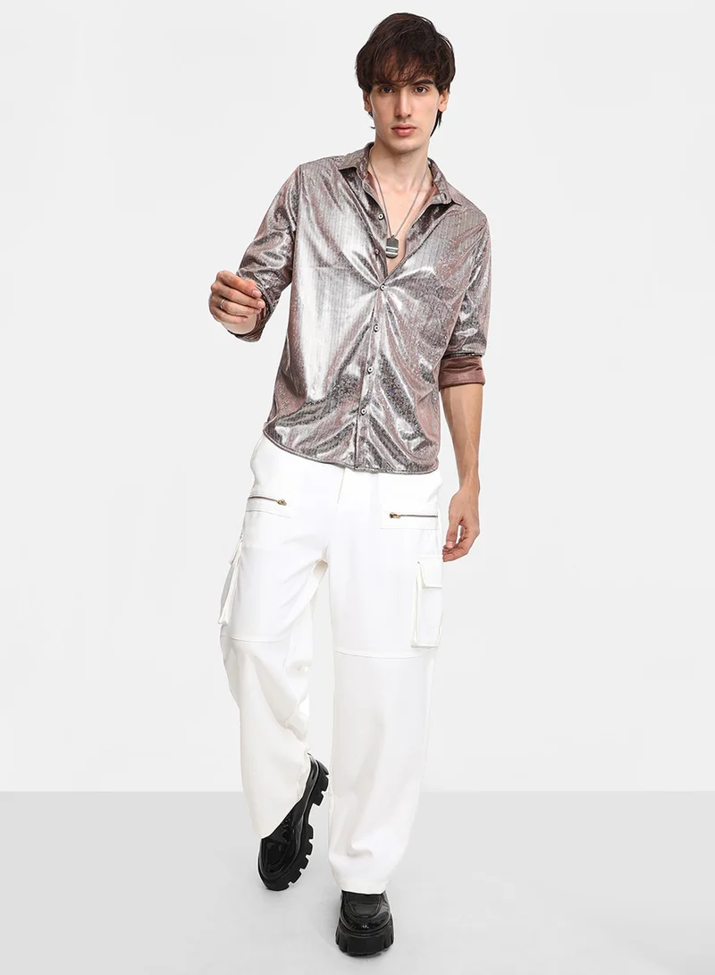 كامبوس سوترا Men's Metallic Brown Sheen Chevron Shirt