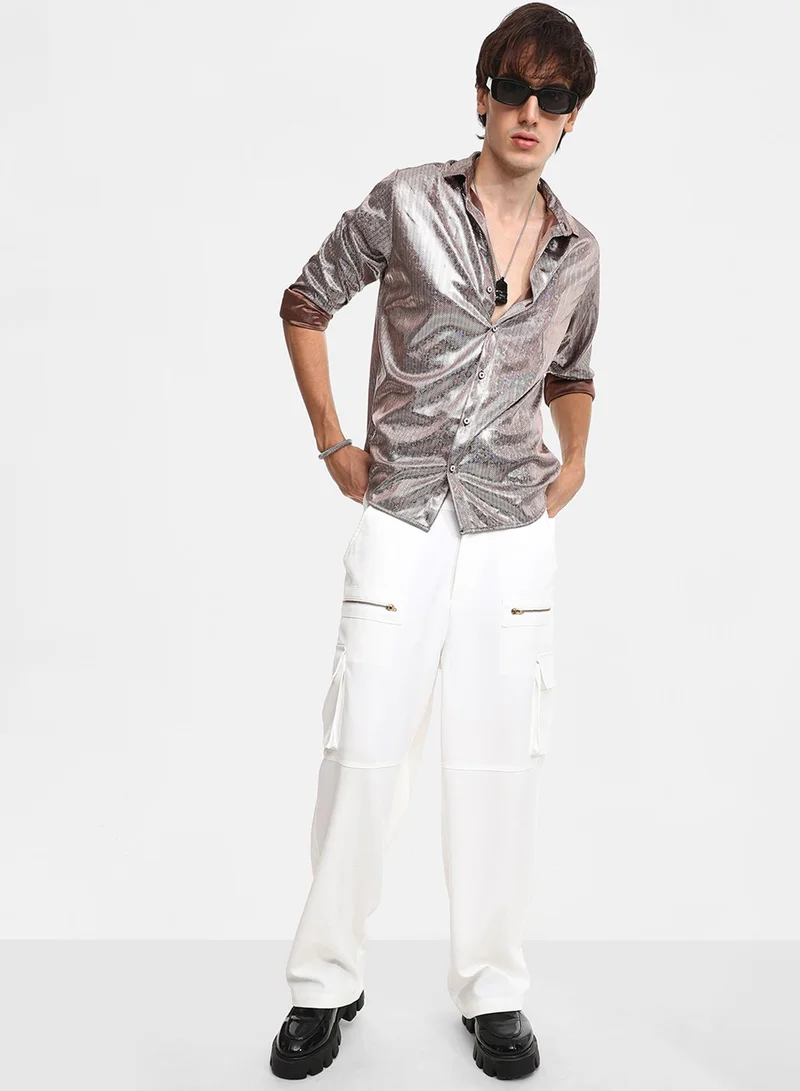 كامبوس سوترا Men's Metallic Brown Sheen Chevron Shirt