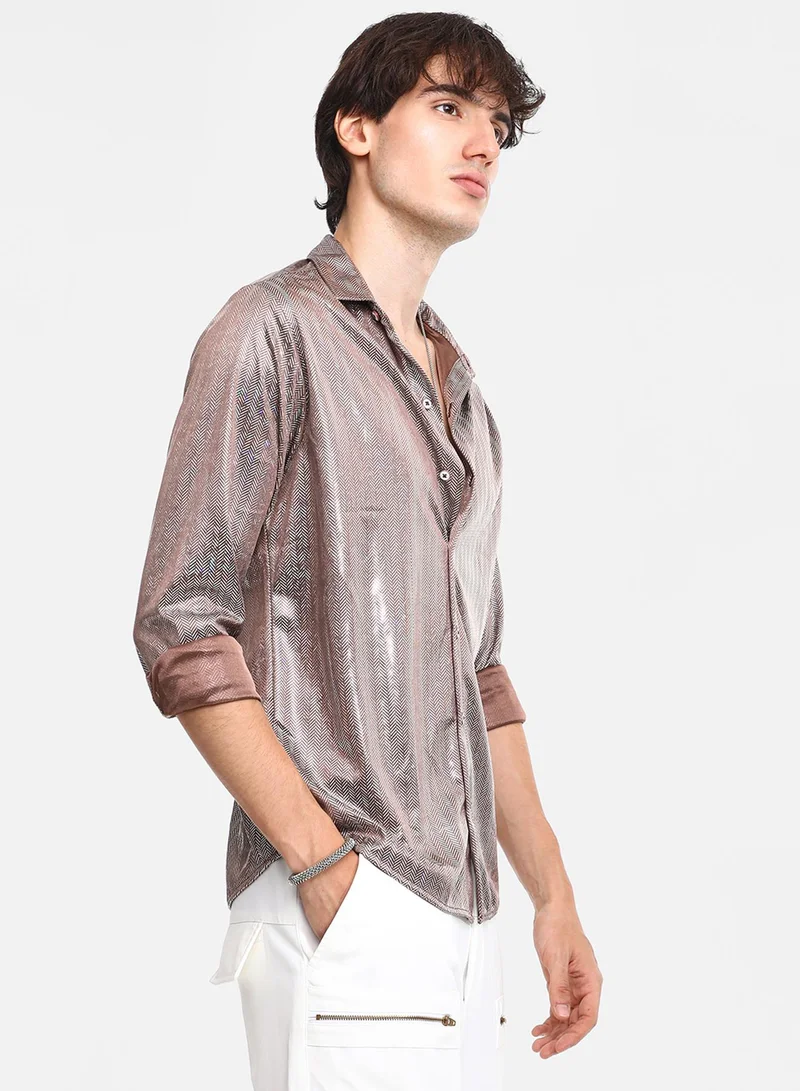 كامبوس سوترا Men's Metallic Brown Sheen Chevron Shirt