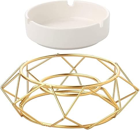 CORALTREE CORAL TREE Modern Ceramic Ashtray with Rust-Free Geometric Golden Metal Holder Luxury Tabletop Windproof Ash Tray for Home Office Hotel and Restaurant, Fancy Decorative Party Gift Item - Image 3
