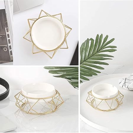 CORALTREE CORAL TREE Modern Ceramic Ashtray with Rust-Free Geometric Golden Metal Holder Luxury Tabletop Windproof Ash Tray for Home Office Hotel and Restaurant, Fancy Decorative Party Gift Item - Image 2