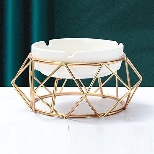 CORALTREE CORAL TREE Modern Ceramic Ashtray with Rust-Free Geometric Golden Metal Holder Luxury Tabletop Windproof Ash Tray for Home Office Hotel and Restaurant, Fancy Decorative Party Gift Item - Image 1