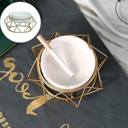 CORALTREE CORAL TREE Modern Ceramic Ashtray with Rust-Free Geometric Golden Metal Holder Luxury Tabletop Windproof Ash Tray for Home Office Hotel and Restaurant, Fancy Decorative Party Gift Item - Image 4