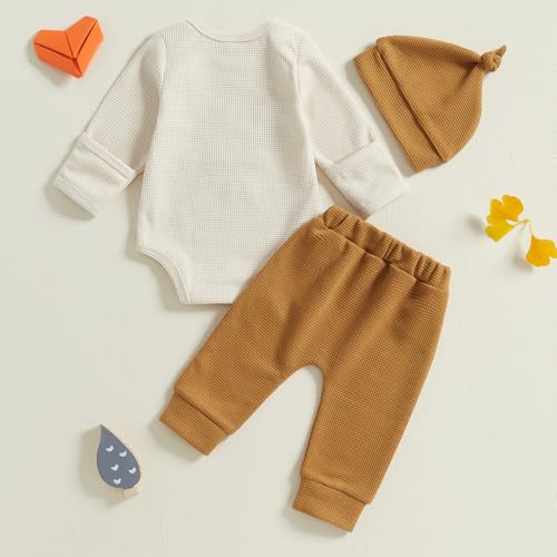 BeQeuewll Newborn Boy Clothes Fall Winter Knit Outfits I AM NEW HERE Romper +Pants+Hats 3Pcs Baby Boy Coming Home Outfit (Khaki, 3-6 Months) - Image 3