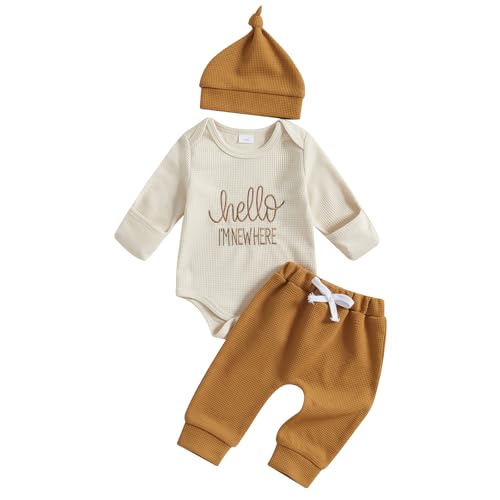 BeQeuewll Newborn Boy Clothes Fall Winter Knit Outfits I AM NEW HERE Romper +Pants+Hats 3Pcs Baby Boy Coming Home Outfit (Khaki, 3-6 Months) - Image 1