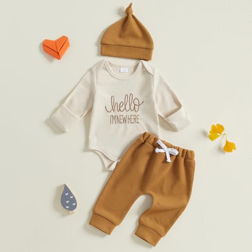 BeQeuewll Newborn Boy Clothes Fall Winter Knit Outfits I AM NEW HERE Romper +Pants+Hats 3Pcs Baby Boy Coming Home Outfit (Khaki, 3-6 Months) - Image 2