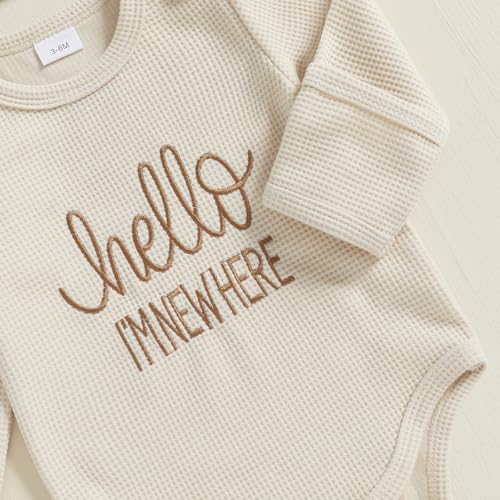 BeQeuewll Newborn Boy Clothes Fall Winter Knit Outfits I AM NEW HERE Romper +Pants+Hats 3Pcs Baby Boy Coming Home Outfit (Khaki, 3-6 Months) - Image 5