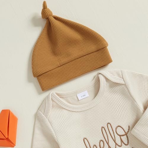 BeQeuewll Newborn Boy Clothes Fall Winter Knit Outfits I AM NEW HERE Romper +Pants+Hats 3Pcs Baby Boy Coming Home Outfit (Khaki, 3-6 Months) - Image 4
