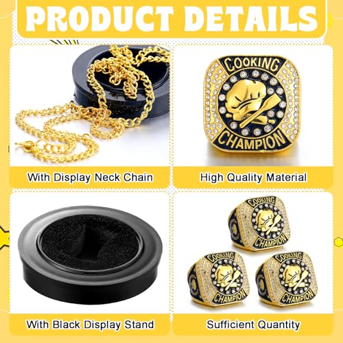 Highergo 3 Pcs Chef Hat Cooking Championship Trophy Ring 1st 2nd 3rd Place Medal Cooking Competition Trophy Prizes with Display Neck Chain and Stand for Chefs Culinary Chili Cook off Party(Gold) - Image 3