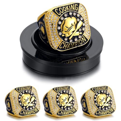 Highergo 3 Pcs Chef Hat Cooking Championship Trophy Ring 1st 2nd 3rd Place Medal Cooking Competition Trophy Prizes with Display Neck Chain and Stand for Chefs Culinary Chili Cook off Party(Gold) - Image 1