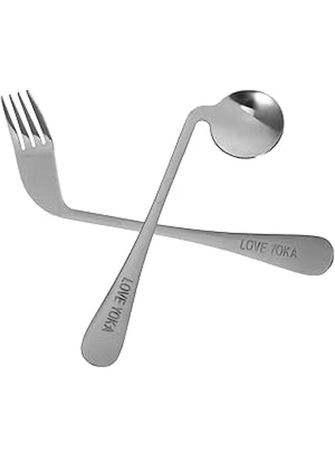 Angled Self Feeding Fork and Spoon Set for Elderly Disabled 4 Piece Curved Tableware - Image 1