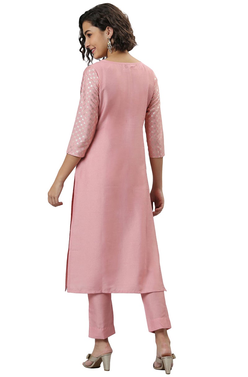 Janasya Women's Pink Poly Silk Floral Print Kurta with Pant - Image 5