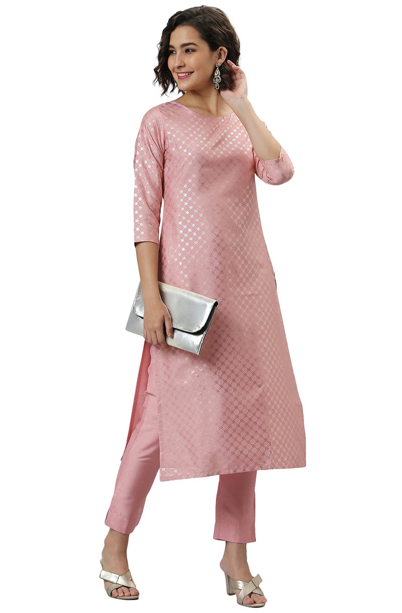 Janasya Women's Pink Poly Silk Floral Print Kurta with Pant - Image 1