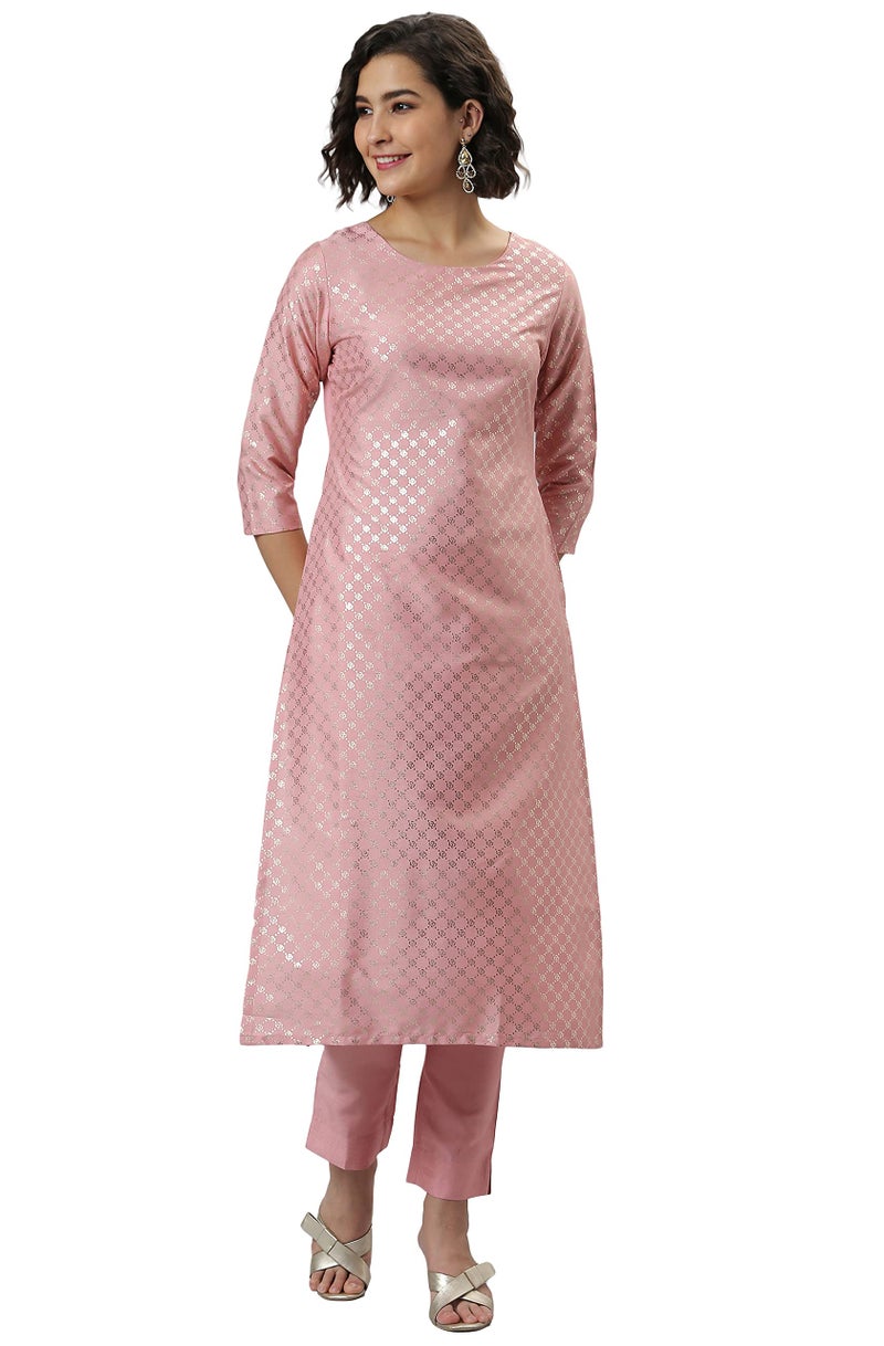 Janasya Women's Pink Poly Silk Floral Print Kurta with Pant - Image 2