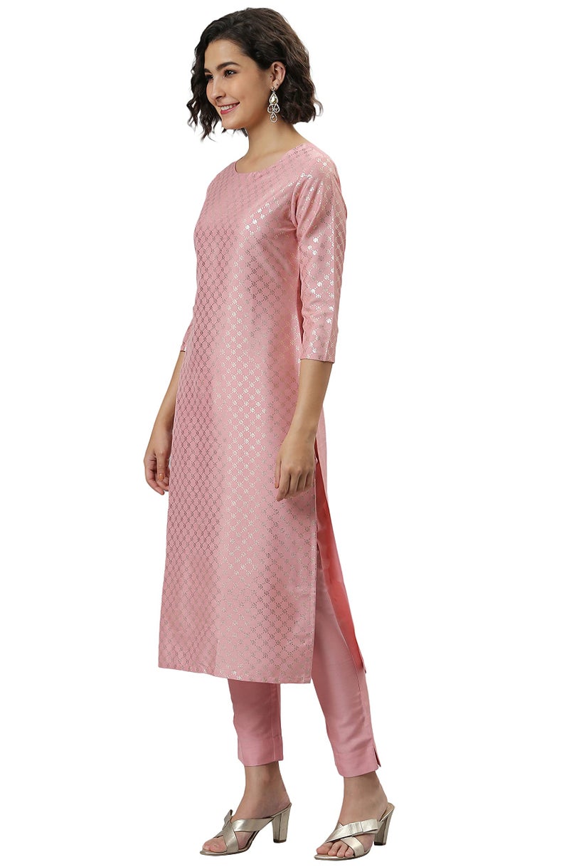 Janasya Women's Pink Poly Silk Floral Print Kurta with Pant - Image 3