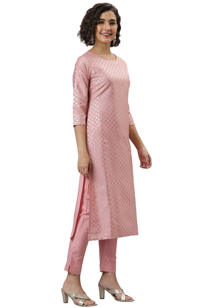 Janasya Women's Pink Poly Silk Floral Print Kurta with Pant - Image 4