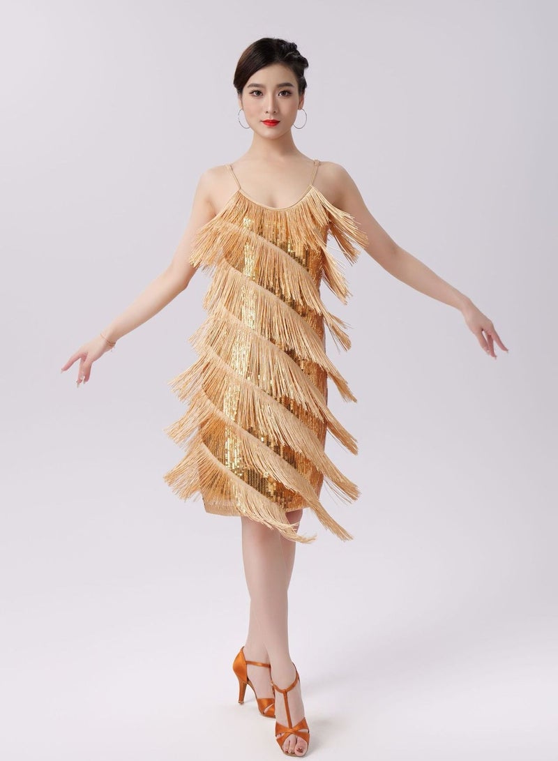 Loquat Women's Flapper Dress Sequin Tassel Latin Party Cocktail Slip Dress Ballroom Dance Costume Performance Dress Gold 