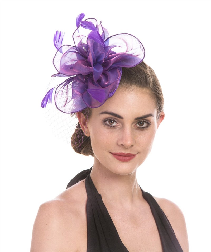 SAFERIN Fascinators Hat Sinamay Flower Mesh Feathers on a Headband and a Clip Tea Party Headwear for Girls and Women (TA2-Purple) - Image 4