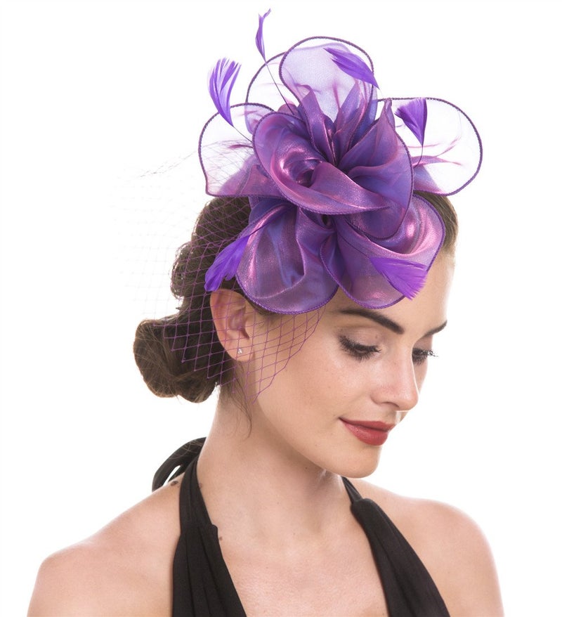 SAFERIN Fascinators Hat Sinamay Flower Mesh Feathers on a Headband and a Clip Tea Party Headwear for Girls and Women (TA2-Purple) - Image 1