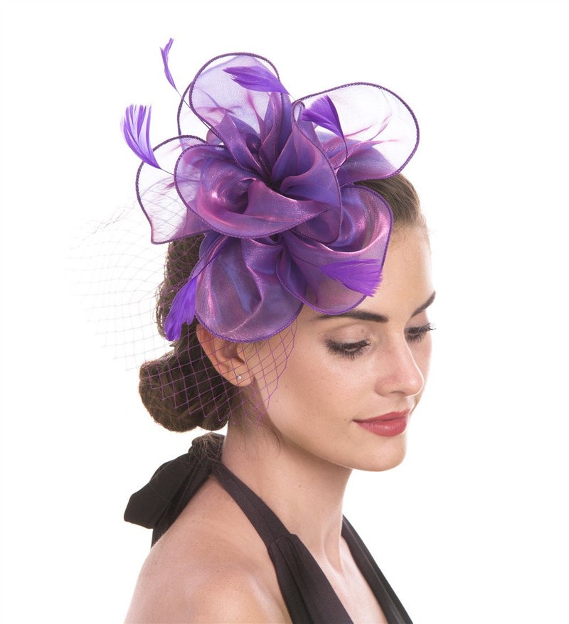 SAFERIN Fascinators Hat Sinamay Flower Mesh Feathers on a Headband and a Clip Tea Party Headwear for Girls and Women (TA2-Purple) - Image 3