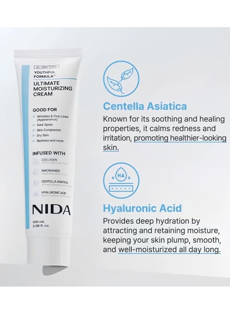نيدا ٢ عبوتين كريم الترطيب الفائق لصيغة الشباب™ | أسياتيكا، نياكيناميد، حمض الهيالورونيك، كولاجين | التجاعيد، الخطوط الدقيقة، البقع الداكنة، البشرة الجافة، الاحمرار | ١٠٠ مل*٢ (٣.٣٨ أوقية سائلة) - Image 2