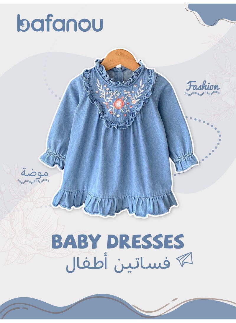 Bafanou Autumn Embroidered Baby Girl Dresses Infant Cowboy Floral Clothing Newborn Cotton Clothes  - Image 1