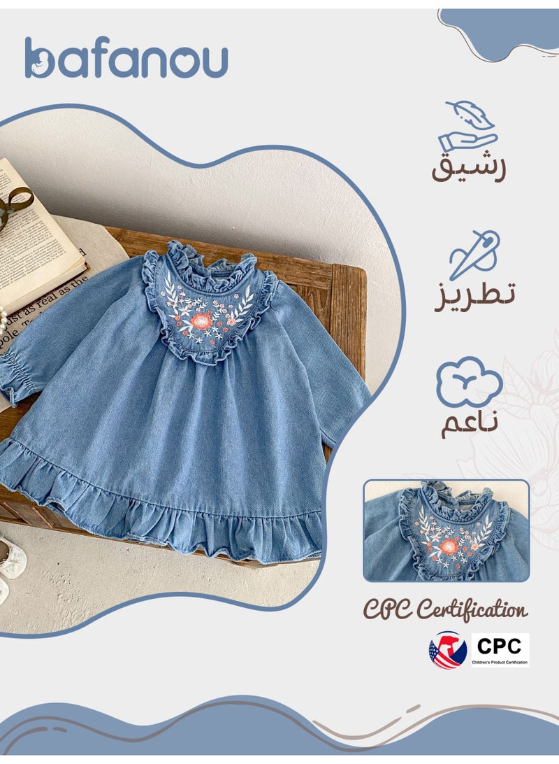 Bafanou Autumn Embroidered Baby Girl Dresses Infant Cowboy Floral Clothing Newborn Cotton Clothes  - Image 2