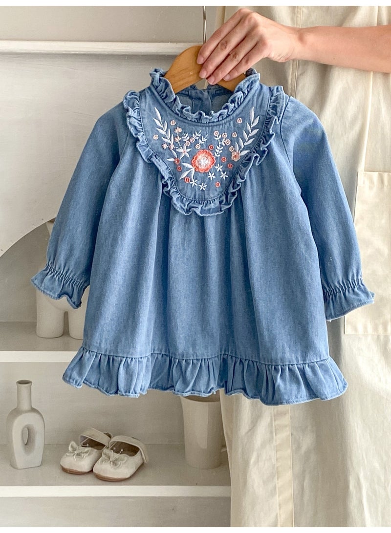 Bafanou Autumn Embroidered Baby Girl Dresses Infant Cowboy Floral Clothing Newborn Cotton Clothes  - Image 4