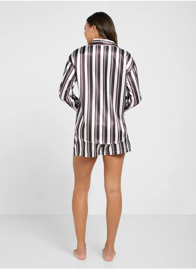 جينجر Satin Stripe Shirt & Short Pj Set