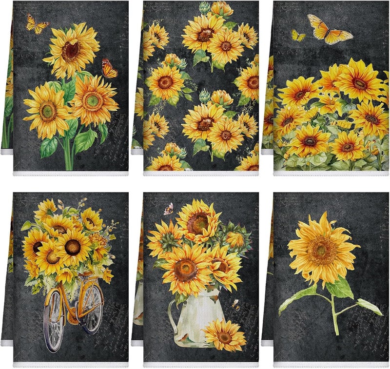 Bencailor 6 Pcs Black Sunflower Kitchen Towels Decorative Sets Dish Towels Absorbent Fast Drying Hand Tea Vintage Hanging Reusable Cleaning Dishcloths for Cooking Farmhouse Bathroom Accessory - Image 1