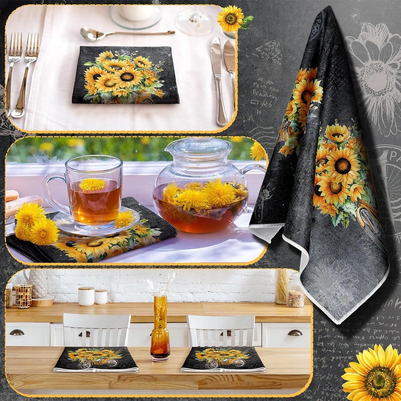 Bencailor 6 Pcs Black Sunflower Kitchen Towels Decorative Sets Dish Towels Absorbent Fast Drying Hand Tea Vintage Hanging Reusable Cleaning Dishcloths for Cooking Farmhouse Bathroom Accessory - Image 2