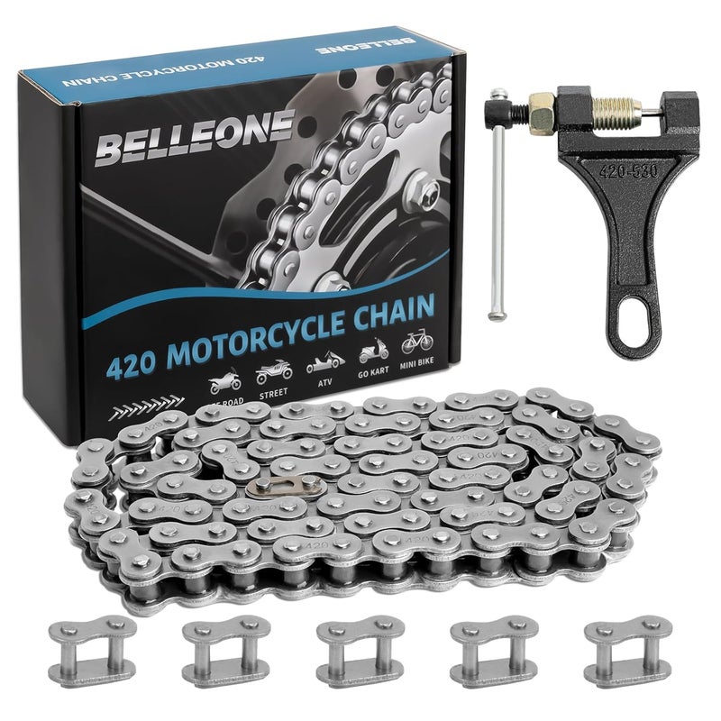 Belleone 420 Roller Dirt Bike Chain 90 Link with Chain Breaker, 420 Rear Drive Chain Fits for 196cc Cole Man BT200X CT200U CT200U-EX Baja Warrior Heat MB165 MB200, 5 Free Master Links Included - Image 1